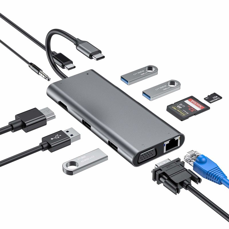 11 In 1 Type-C Hub Multiport Dock Station USB3.0 PD SD/TF 4K HDMI VGA RJ45 Adaptörü ile