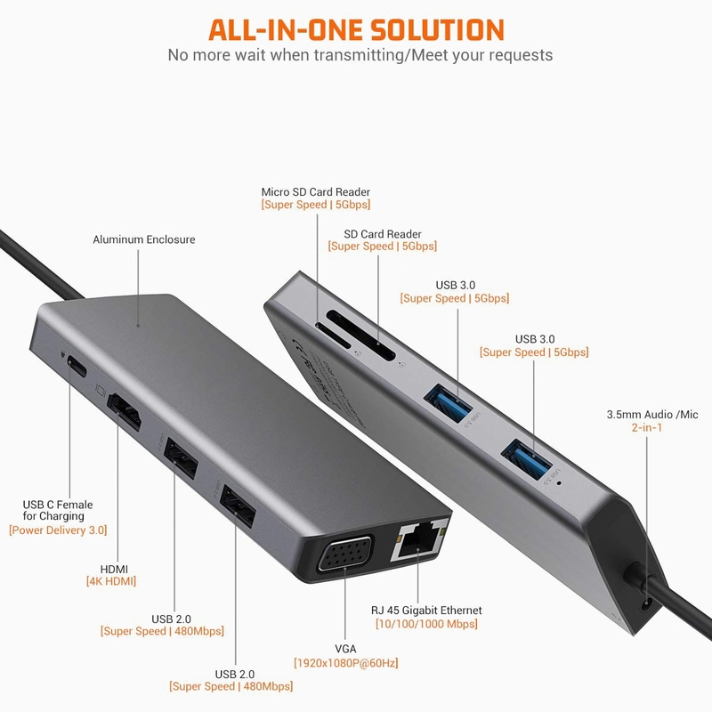 11 in 1 alüminyum Gümüş USB C Hub 3.5mm Audio Jack SD Kart Okuyucu Mac dizüstü bilgisayar için