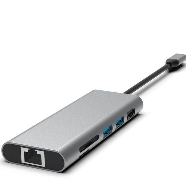 Gümüş 10'da 1 USB-C Hub, HDMI USB 3.0 Ethernet 3.5mm Audio Jack ile PC ve dizüstü bilgisayar için