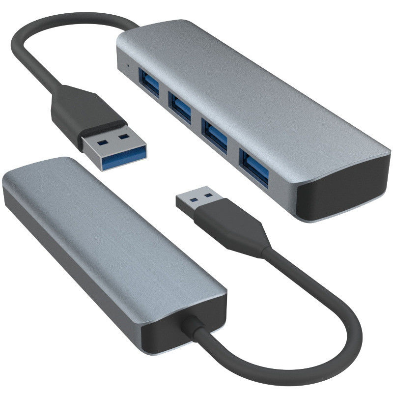 4 portlu USB A Hub Güç kaynağıyla Şık Siyah Gri Alüminyum Hub Adaptörü Bilgisayarlar İçin