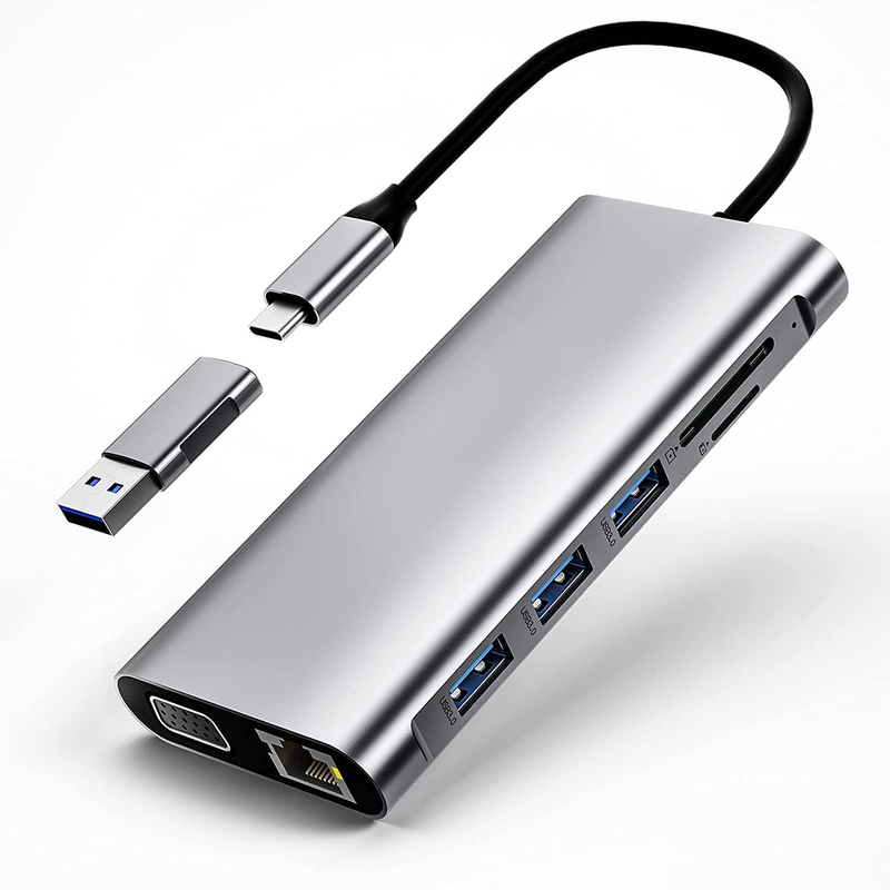 12 In 1 Çift HDMI USB C Hub USB C Doklama İstasyonu Adaptörü VGA Ethernet 100W PD