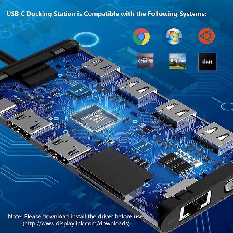 12 In 1 Çift HDMI USB C Hub USB C Doklama İstasyonu Adaptörü VGA Ethernet 100W PD