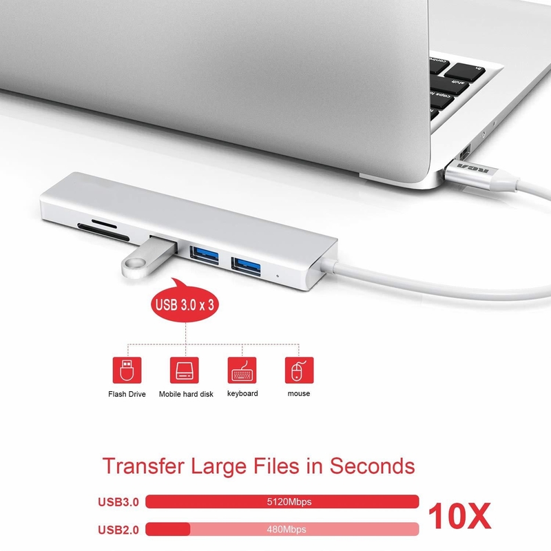 6 Port Usb-C Hub Splitter Usb-C Genişletici Portatif Usb Adaptörü Çokportlu Veri Hub