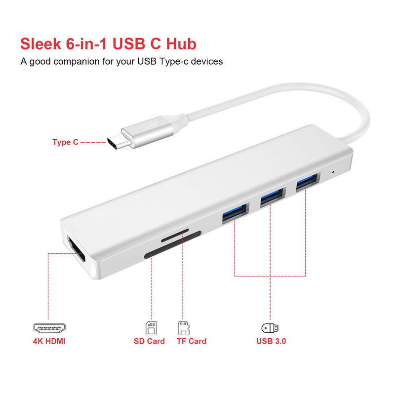 6 Port Usb-C Hub Splitter Usb-C Genişletici Portatif Usb Adaptörü Çokportlu Veri Hub