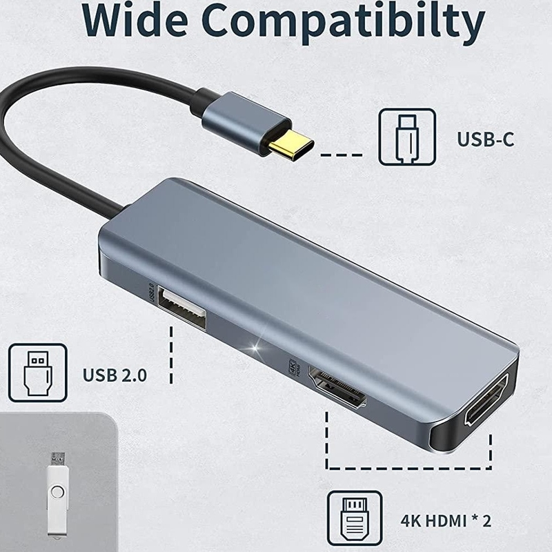 Çifte HDMI USB C Dock Hub Alüminyum USB C Adaptörü Monitör 3 In 1 Dongle 4K HDMI ile