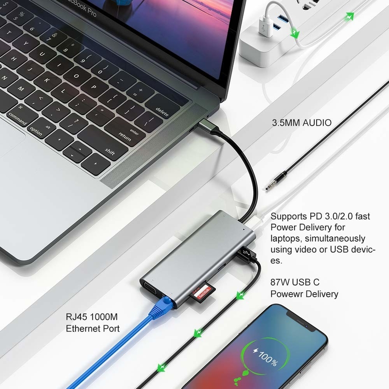 100 Watt USB C Adaptörü Güç 5 In 1 USB 3.0 Hub TYPE C HDMI 4K 30Hz 5Gbps 100W PD Hızlı Şarj