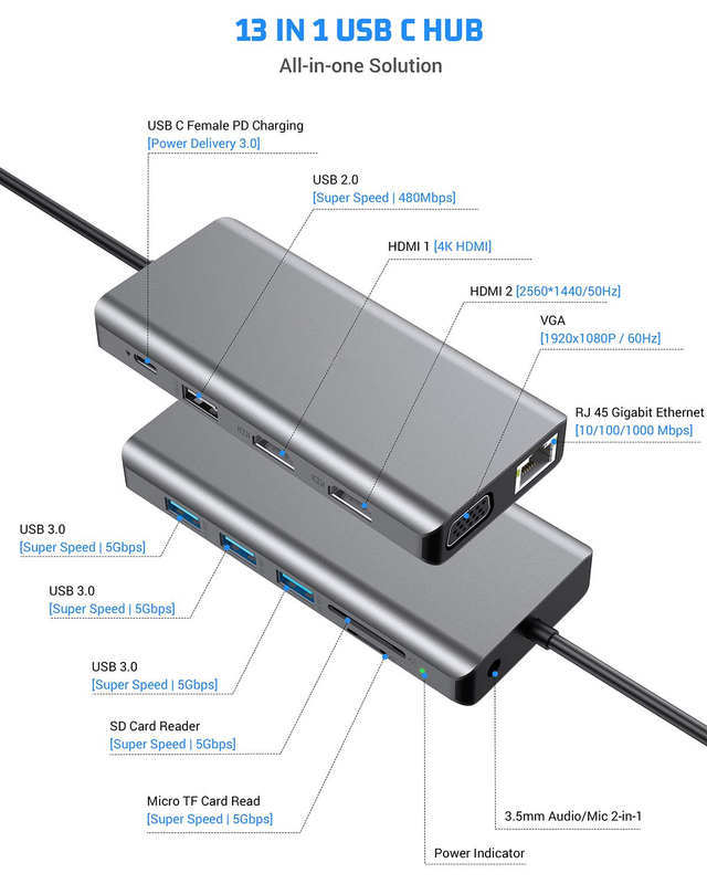 USB C 11 In 1 Multiport Dock Type C Üçlü USB 3.0 TF Kartı Tip-C USB-C dizüstü bilgisayar