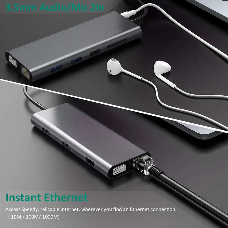 14 In 1 USB C Hub Doklama Tipi C Hub USB Tipi C HDMI 2 Üçlü Ekranlı Doklama İstasyonu VGA 4K