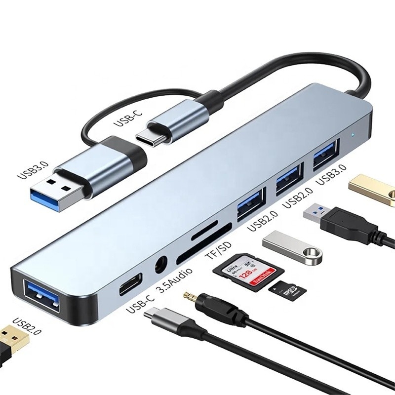 8-In-1 USB 3.0 Hub 3*USB 2.0 3.5mm Audio SD/TF Kart Okuyucu Çıktısı Veri aktarımı ve şarj için