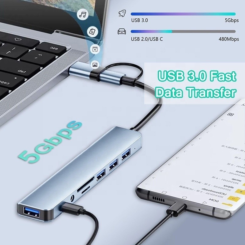 8-In-1 USB 3.0 Hub 3*USB 2.0 3.5mm Audio SD/TF Kart Okuyucu Çıktısı Veri aktarımı ve şarj için