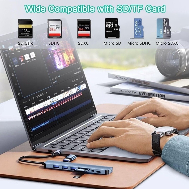 8-In-1 USB 3.0 Hub 3*USB 2.0 3.5mm Audio SD/TF Kart Okuyucu Çıktısı Veri aktarımı ve şarj için