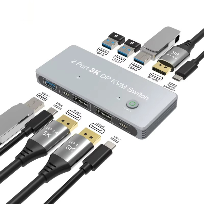 2-Port Displayport ve USB KVM Switch 4K 144Hz 8K 60Hz 1.4 1.4 DP USB Arayüzü ile