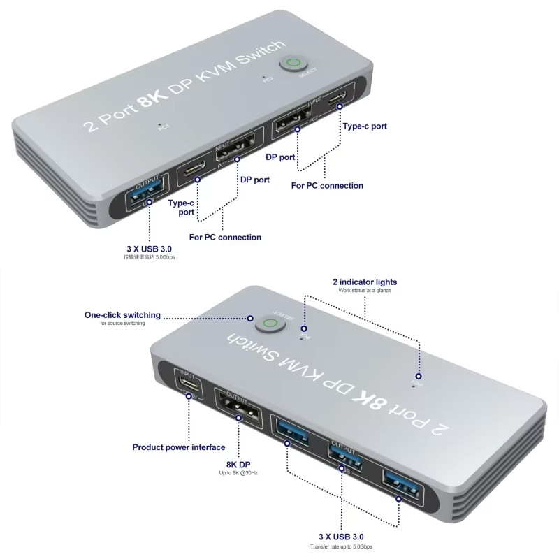 2-Port Displayport ve USB KVM Switch 4K 144Hz 8K 60Hz 1.4 1.4 DP USB Arayüzü ile