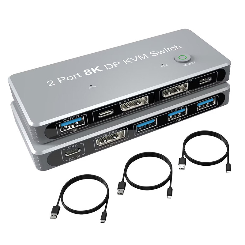 2-Port Displayport ve USB KVM Switch 4K 144Hz 8K 60Hz 1.4 1.4 DP USB Arayüzü ile