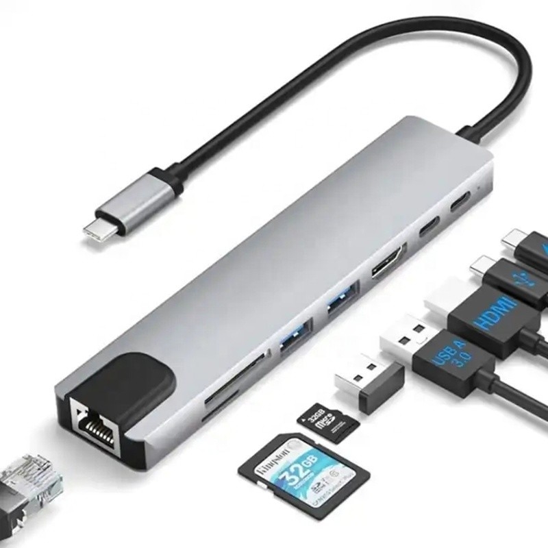Çok yönlü 8-in-1 USB Tip C Hub Multiport Adaptörü, çoklu görev ve veri aktarımı için