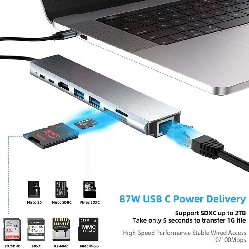 Çok yönlü 8-in-1 USB Tip C Hub Multiport Adaptörü, çoklu görev ve veri aktarımı için