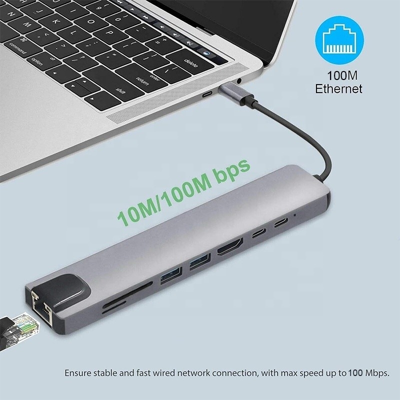 Çok yönlü 8-in-1 USB Tip C Hub Multiport Adaptörü, çoklu görev ve veri aktarımı için
