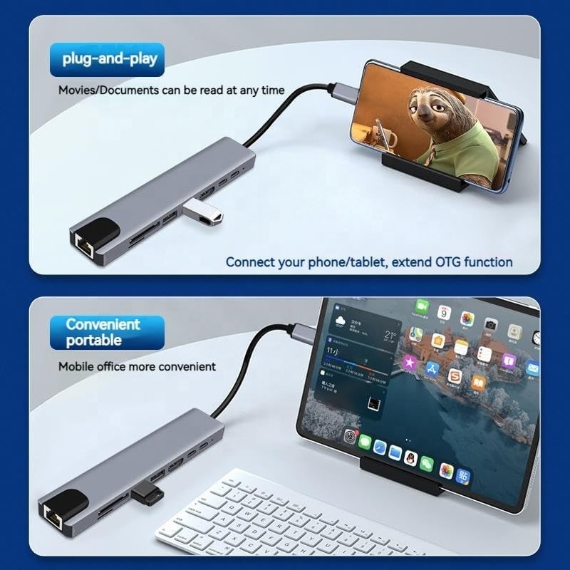 Çok yönlü 8-in-1 USB Tip C Hub Multiport Adaptörü, çoklu görev ve veri aktarımı için
