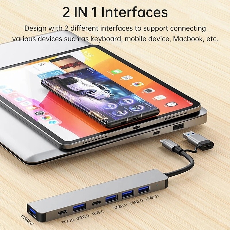Alüminyum Alaşım 7 In 1 USB Splitter Laptop Desktop PC için Kabul edilebilir OEM/ODM