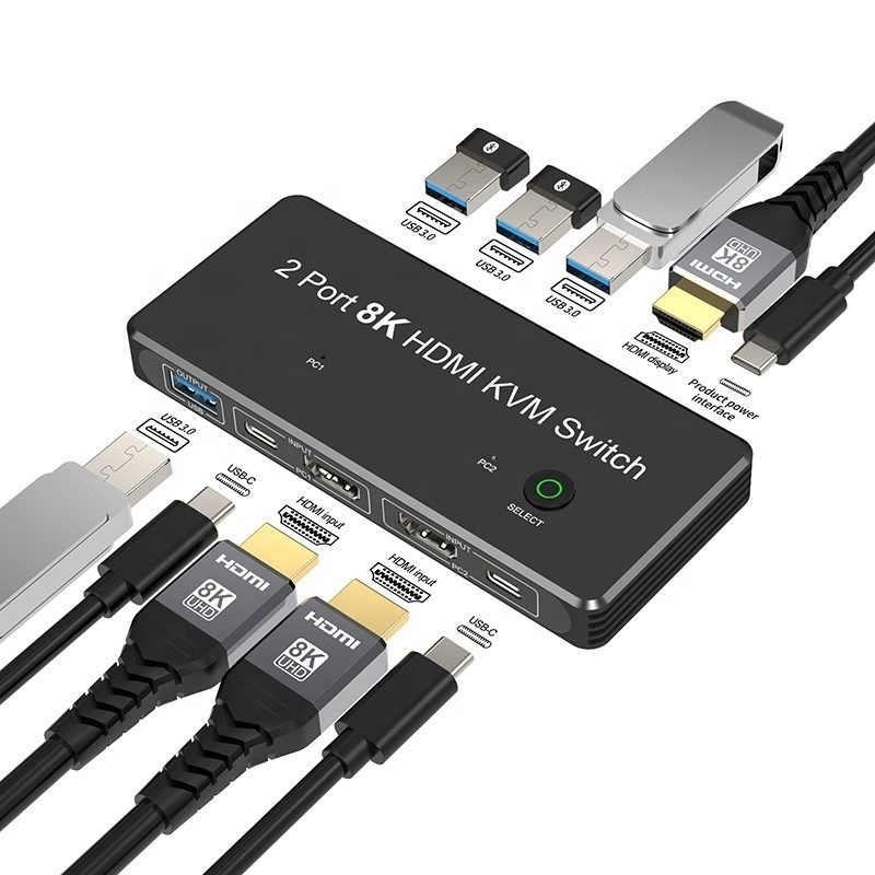 2 port HDMI 2.1 USB 3.0 ile KVM anahtarı 2 Giriş 1 Çıkış LED göstergeler Kadın-Kadın