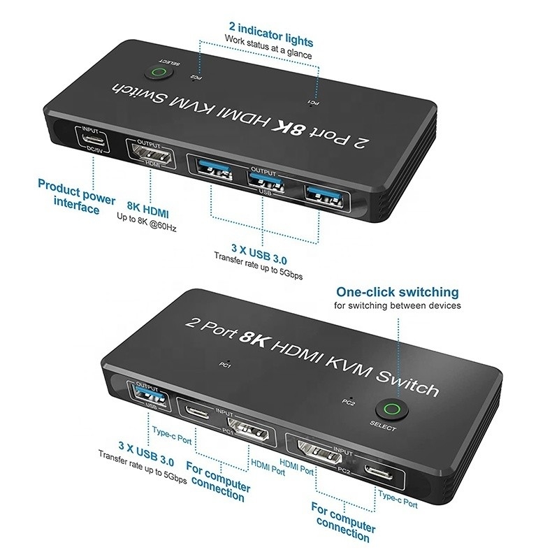 2 port HDMI 2.1 USB 3.0 ile KVM anahtarı 2 Giriş 1 Çıkış LED göstergeler Kadın-Kadın