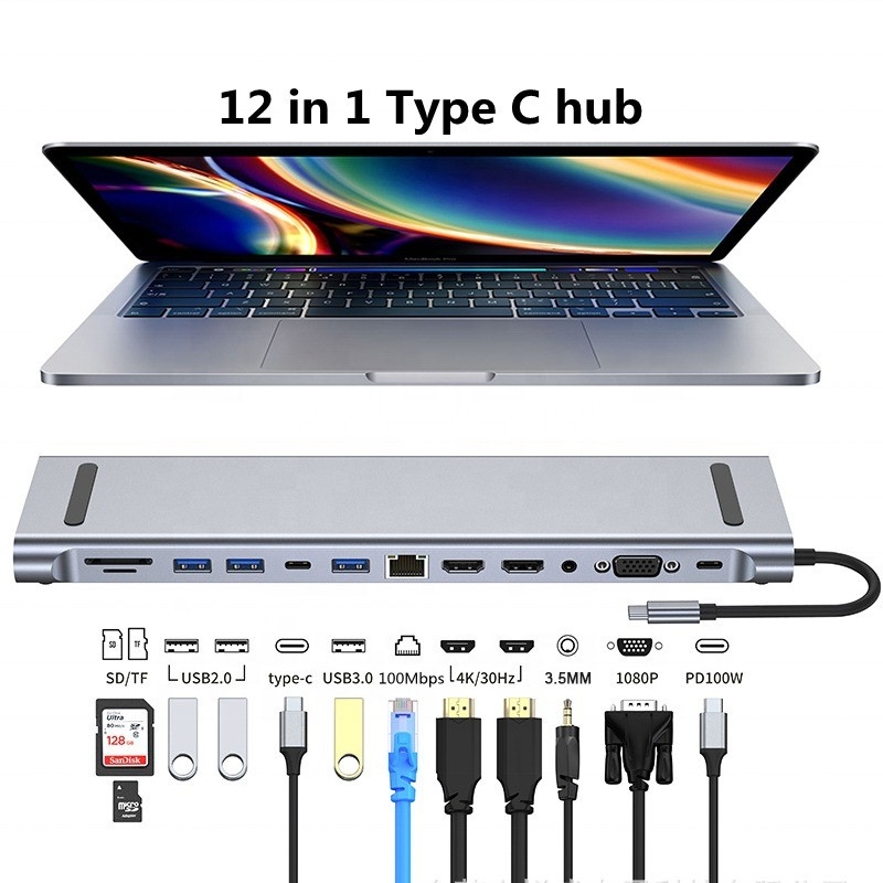 Şarj veri aktarımı ve hoparlör fonksiyonu için 12'de 1 USB-C Tip-C Doklama İstasyonu