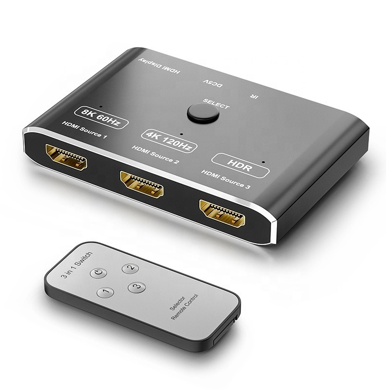 8K 120Hz HDR 3 Port HDMI Değiştiricisi 3 In 1 Out Plug Remote Converter