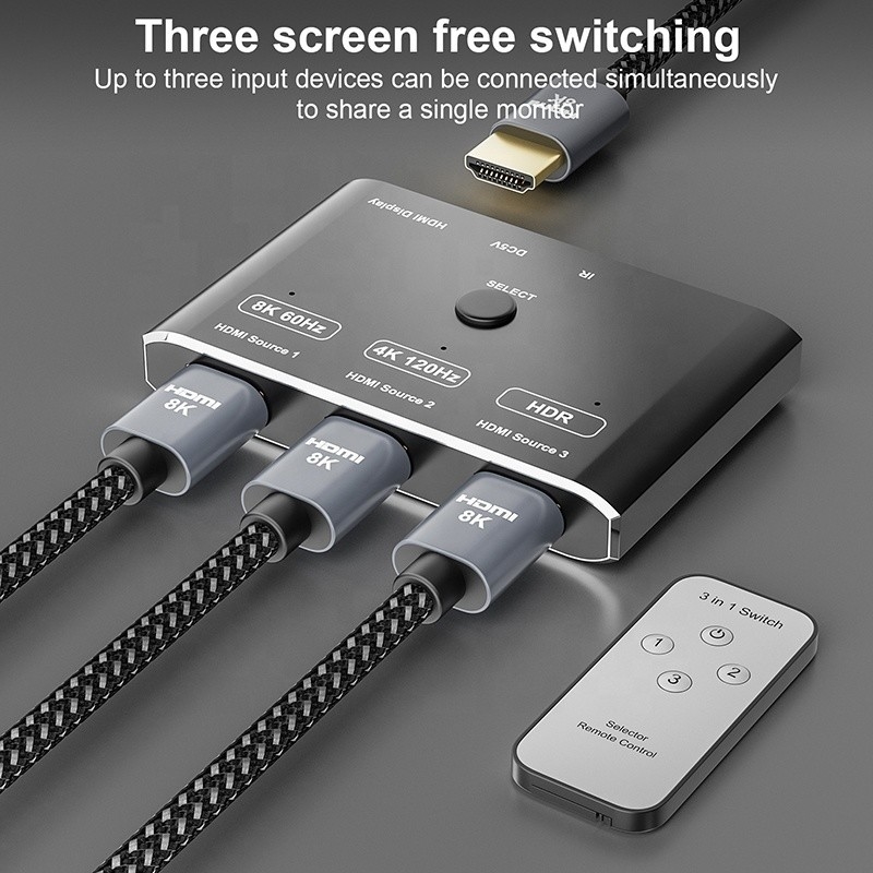 8K 120Hz HDR 3 Port HDMI Değiştiricisi 3 In 1 Out Plug Remote Converter