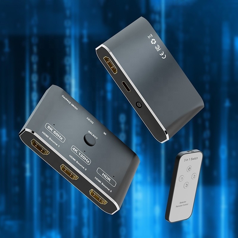 8K 120Hz HDR 3 Port HDMI Değiştiricisi 3 In 1 Out Plug Remote Converter