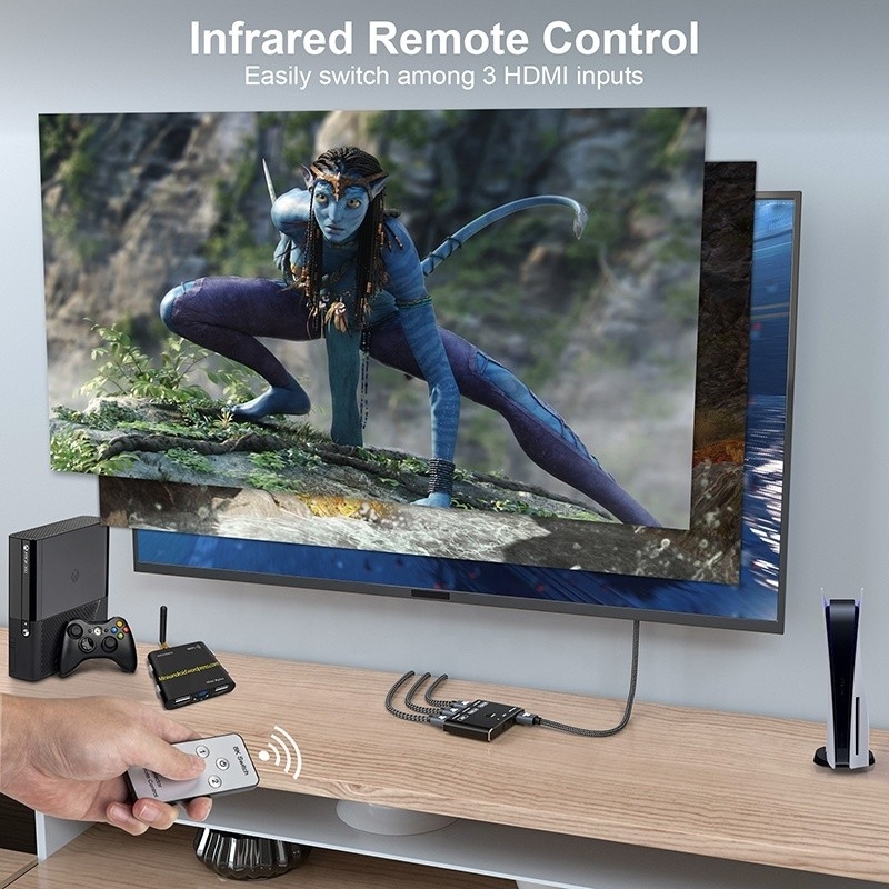 8K 120Hz HDR 3 Port HDMI Değiştiricisi 3 In 1 Out Plug Remote Converter