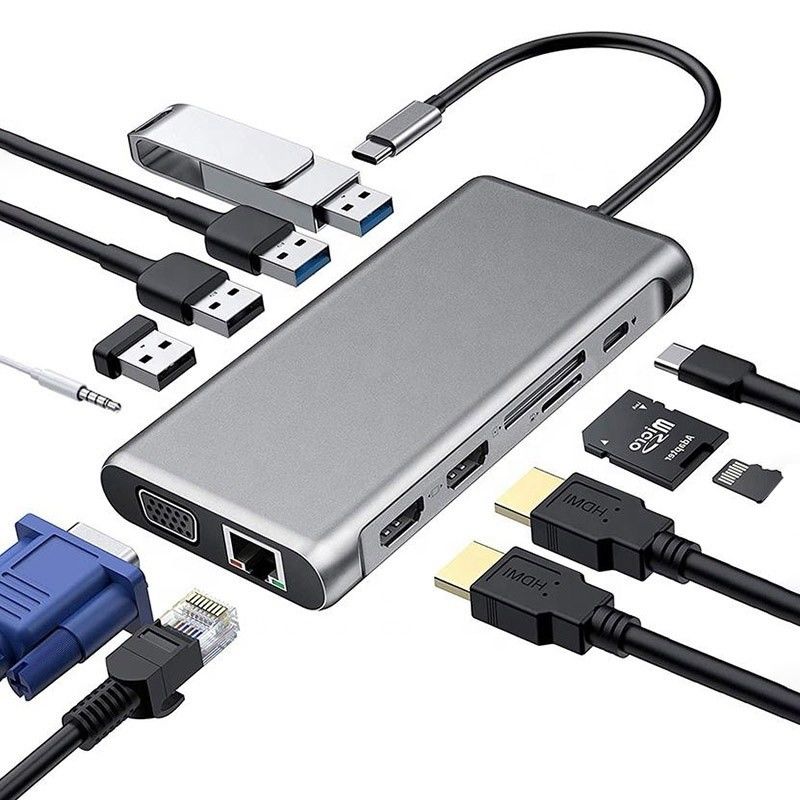 12-in-1 USB Type-C Doklama İstasyonu HDMI 1080P 60Hz 2*HDMI VGA RJ45 4*USB Audio SD/TF PD