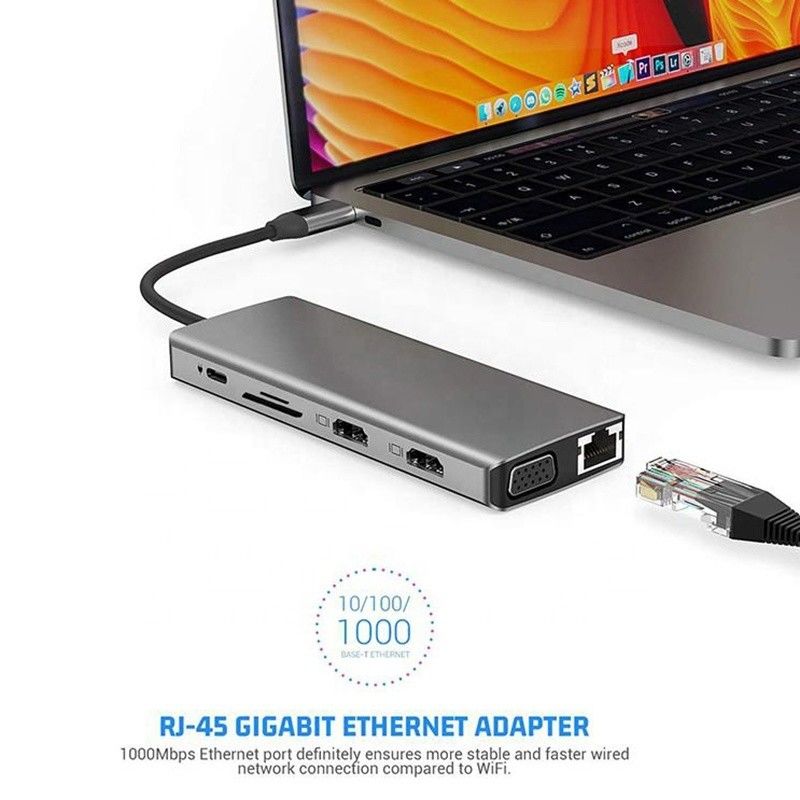 12-in-1 USB Type-C Doklama İstasyonu HDMI 1080P 60Hz 2*HDMI VGA RJ45 4*USB Audio SD/TF PD