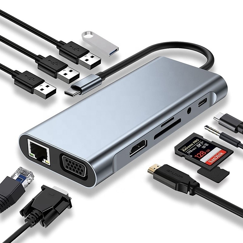 Gigabit RJ45 Ethernet TF SD Kart Okuyucu ile çok fonksiyonel USB C Hub Dock HDMI VGA USB 3.0
