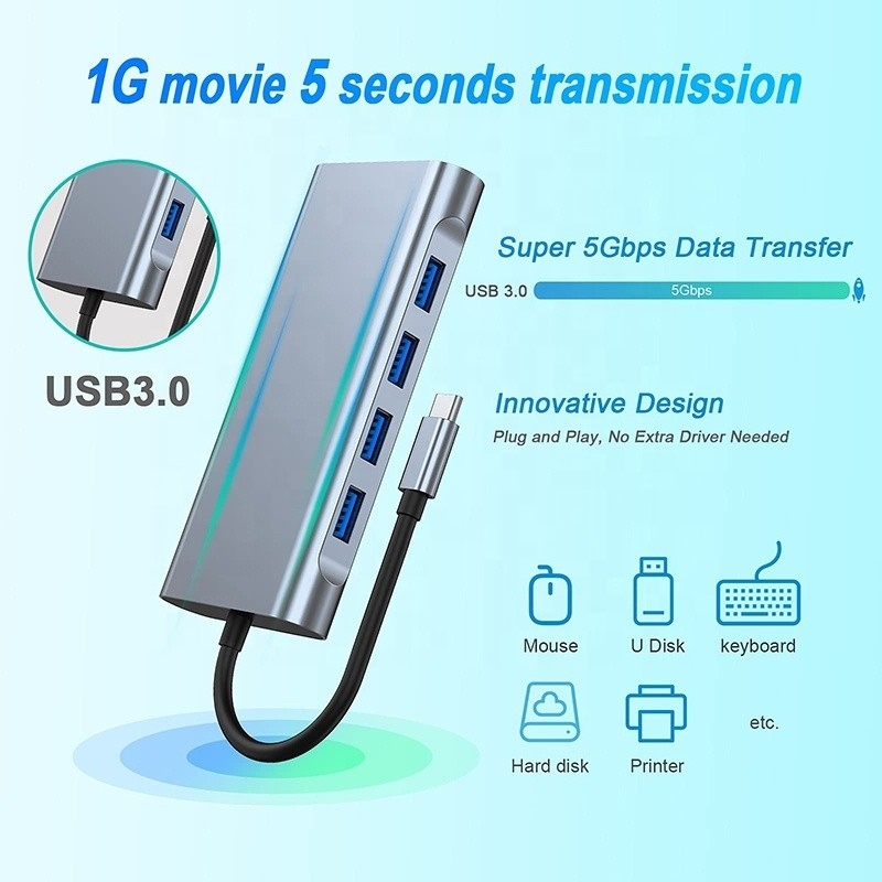 Gigabit RJ45 Ethernet TF SD Kart Okuyucu ile çok fonksiyonel USB C Hub Dock HDMI VGA USB 3.0