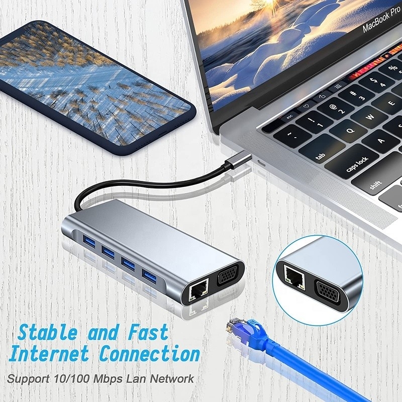 Gigabit RJ45 Ethernet TF SD Kart Okuyucu ile çok fonksiyonel USB C Hub Dock HDMI VGA USB 3.0