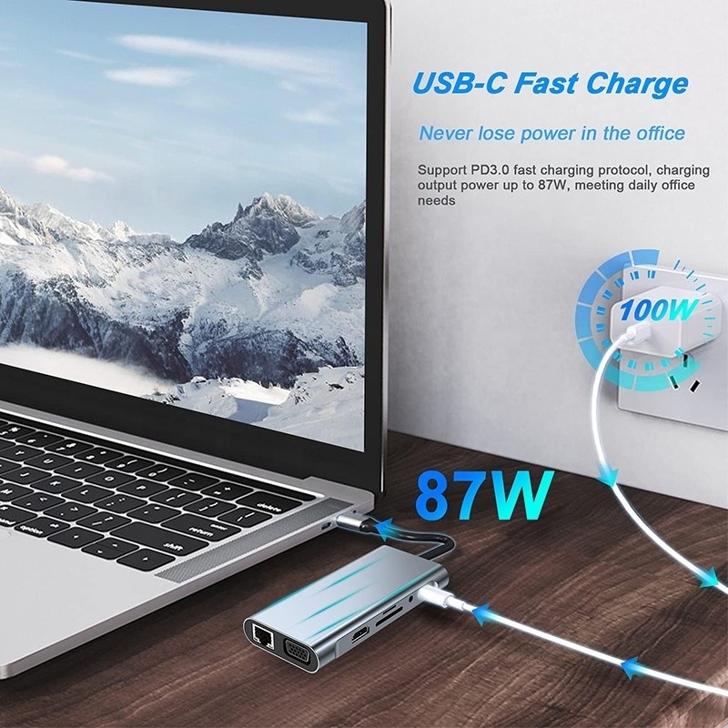Gigabit RJ45 Ethernet TF SD Kart Okuyucu ile çok fonksiyonel USB C Hub Dock HDMI VGA USB 3.0