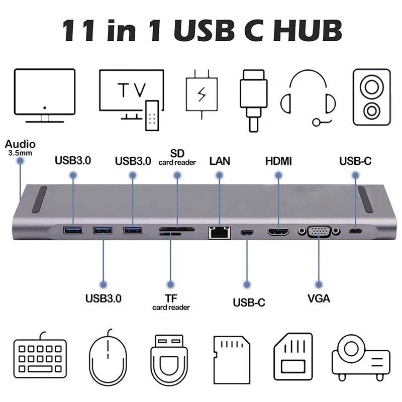 11 In 1 USB C Tipi C Doklama İstasyonu VGA Ethernet 3.5MM Audio TF/SD Kart Okuyucu ile