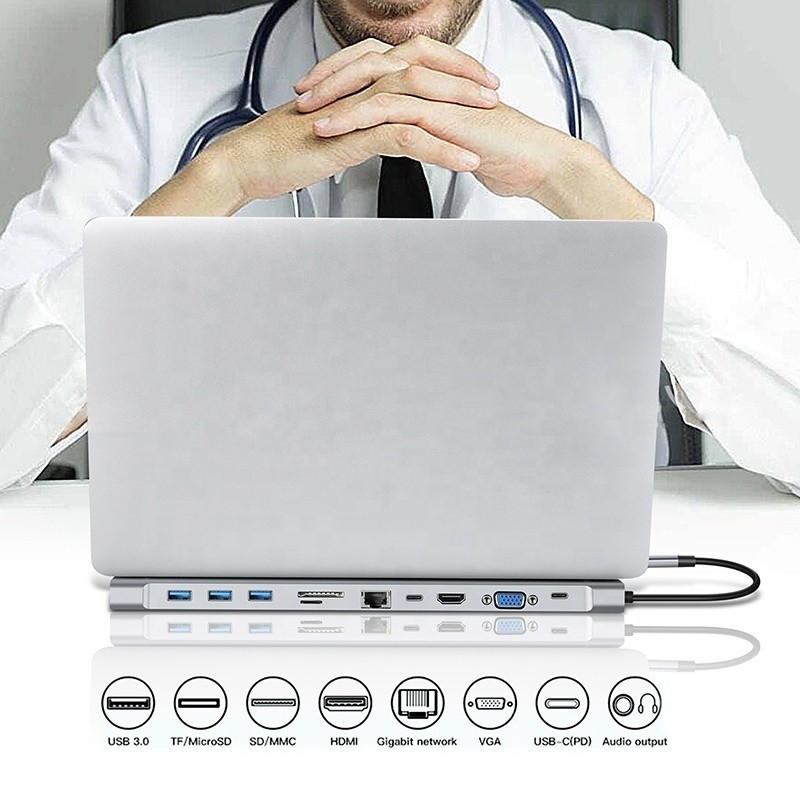 11 In 1 USB C Tipi C Doklama İstasyonu VGA Ethernet 3.5MM Audio TF/SD Kart Okuyucu ile