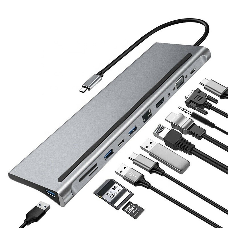 11 In 1 Multiport USB C USB-C Type-C PD 4K HDTV Hub Adaptörü RJ45 ile Dökleme İstasyonu