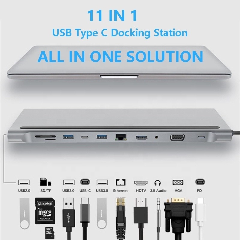 11 In 1 Multiport USB C USB-C Type-C PD 4K HDTV Hub Adaptörü RJ45 ile Dökleme İstasyonu