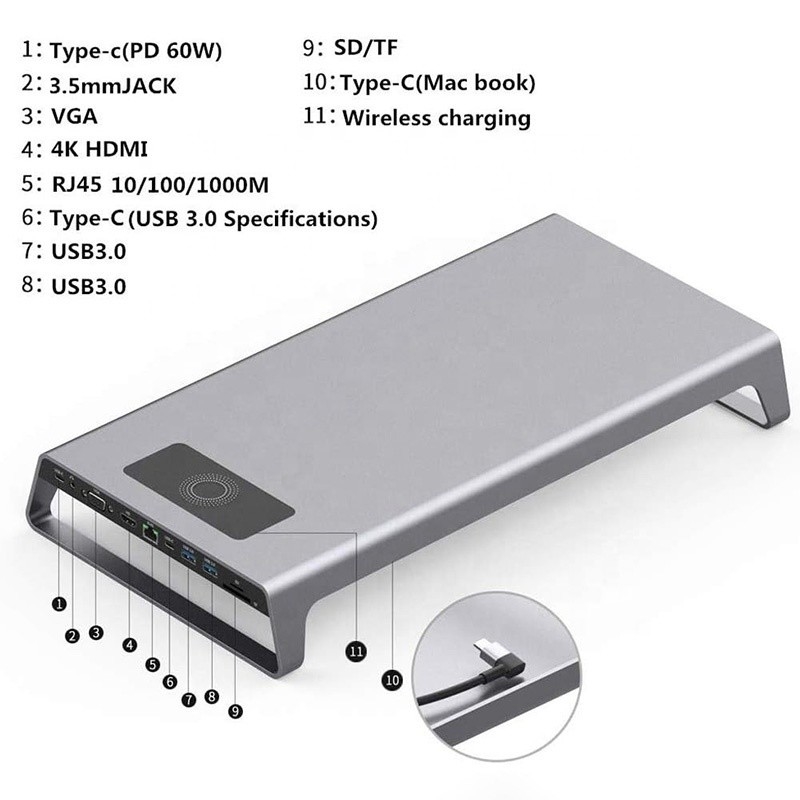 TYPE-C Erkek 11 In 1 Hub Bilgisayar dizüstü bilgisayar doklama istasyonu 1000Mbps RJ45 ve USB-C PD ile adaptör