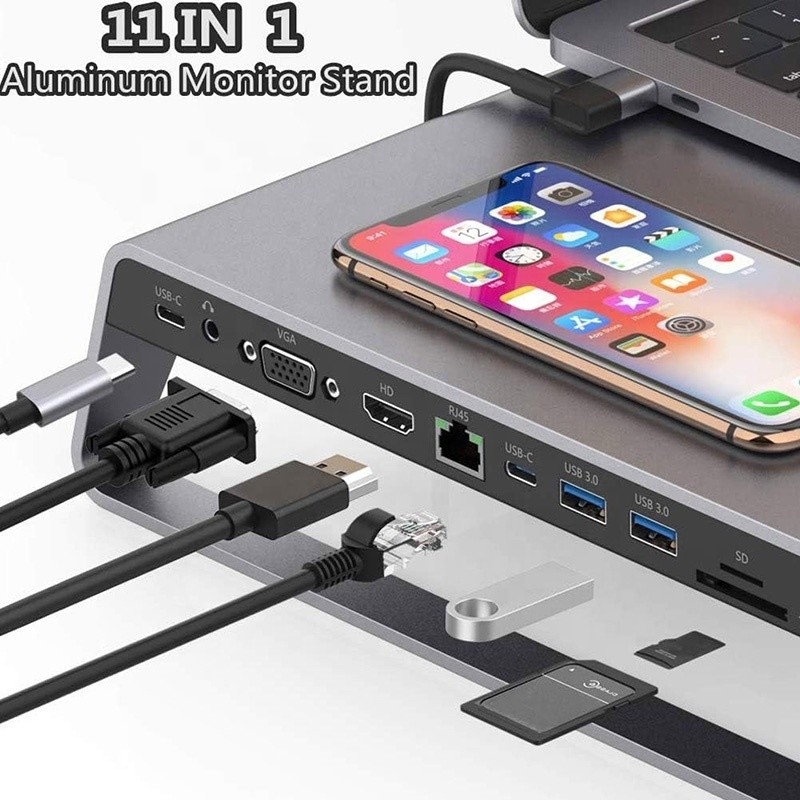 TYPE-C Erkek 11 In 1 Hub Bilgisayar dizüstü bilgisayar doklama istasyonu 1000Mbps RJ45 ve USB-C PD ile adaptör