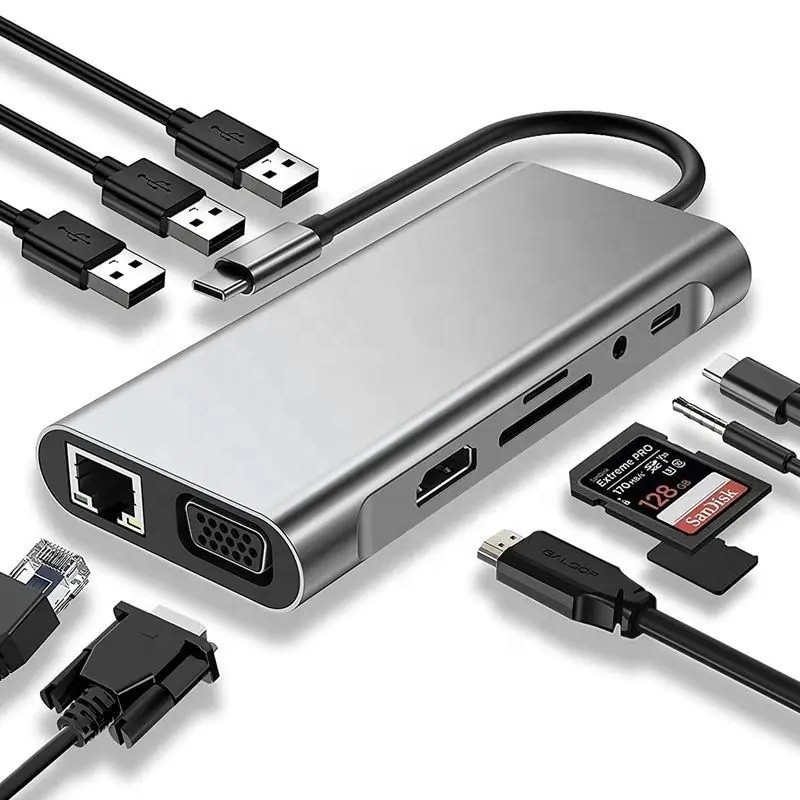 USB C Hub Tip-C USB 3.0 HDMI VGA RJ45 Lan SD TF Audio USB Gri Çoklu Port Adaptörü