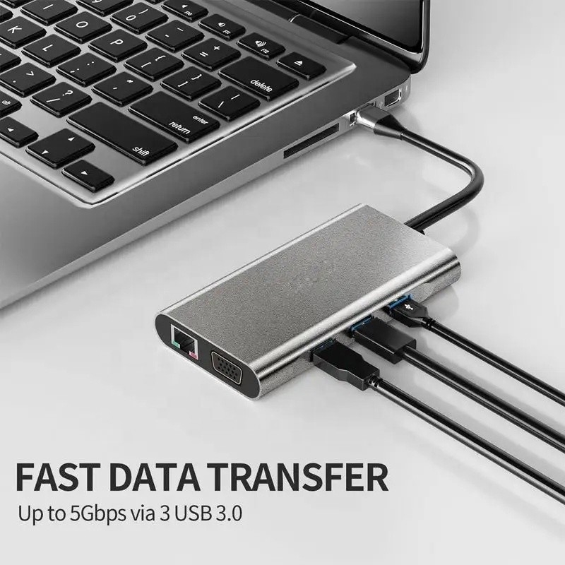 USB C Hub Tip-C USB 3.0 HDMI VGA RJ45 Lan SD TF Audio USB Gri Çoklu Port Adaptörü