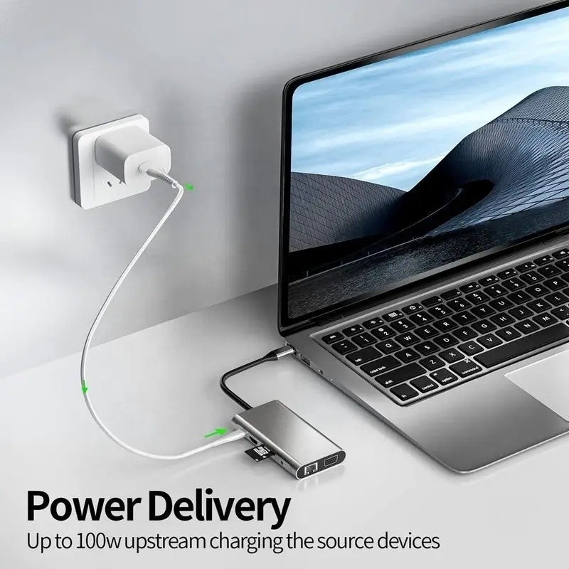 USB C Hub Tip-C USB 3.0 HDMI VGA RJ45 Lan SD TF Audio USB Gri Çoklu Port Adaptörü