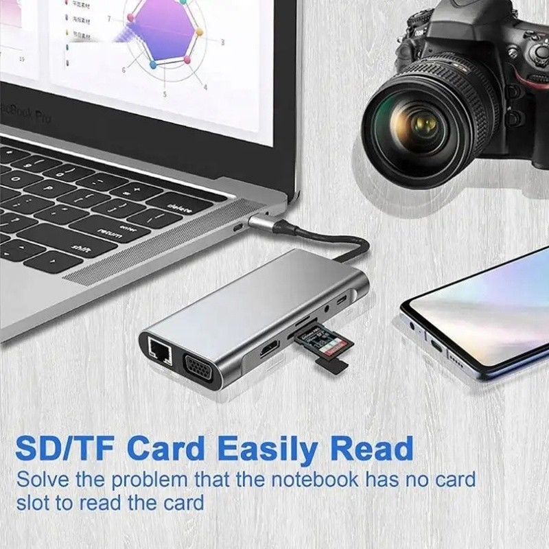 USB C Hub Tip-C USB 3.0 HDMI VGA RJ45 Lan SD TF Audio USB Gri Çoklu Port Adaptörü