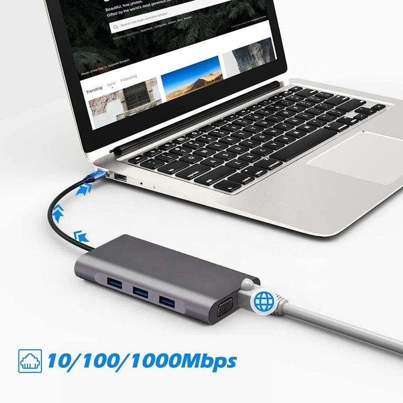 USB C Hub Tip-C USB 3.0 HDMI VGA RJ45 Lan SD TF Audio USB Gri Çoklu Port Adaptörü
