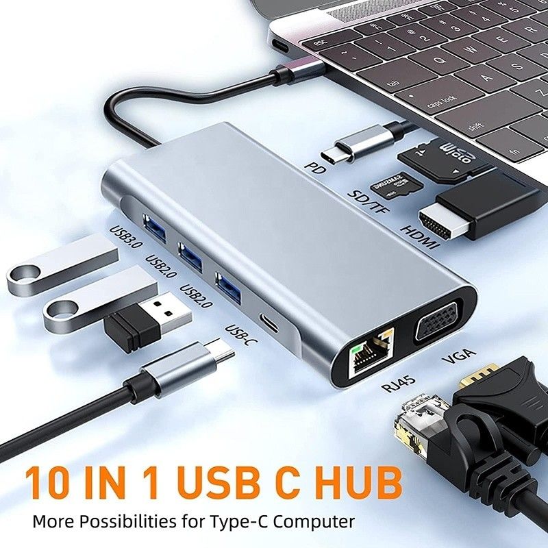 USB C Tipi C 10 In 1 4K HDTV VGA Lan RJ45 USB3.0 Kart Okuyucu PD ile Doklama İstasyonu