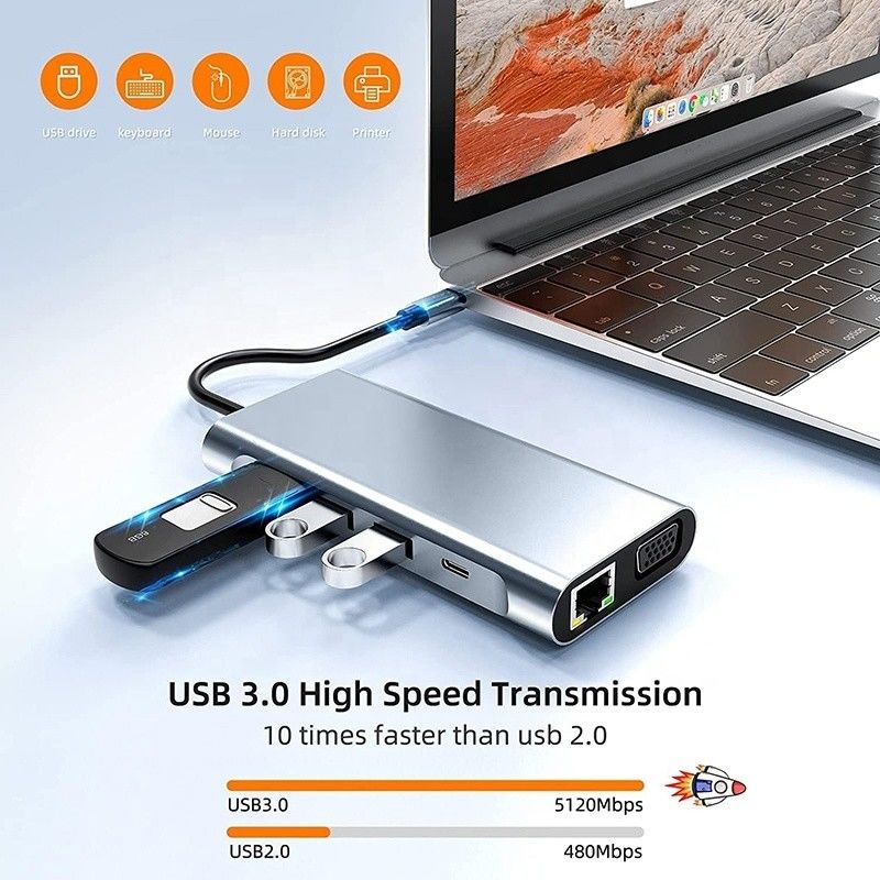 USB C Tipi C 10 In 1 4K HDTV VGA Lan RJ45 USB3.0 Kart Okuyucu PD ile Doklama İstasyonu