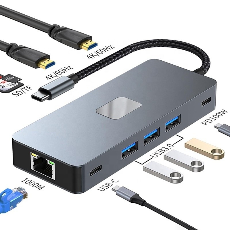 10 In 1 USB C Hub To Dual HDMI 4K 60Hz Adaptör Dock ile USB 3.0 Ethernet RJ45 1000Mbps